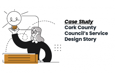 Case study image, with illustration of a woman holidng a light bulb, to the right the words: Case Study, Cork County Council's Service Design Story