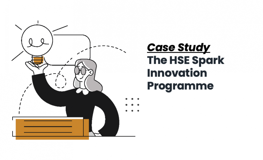 Case study image, with illustration of a woman holidng a light bulb, to the right the words: Case Study, The HSE Spark Innovation Programme