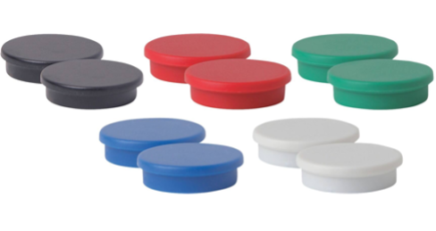 A picture of 8 magnets, they are round and various colours. 