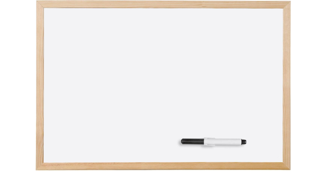 A picture of a wooden framed magnetic whiteboard with whiteboard marker